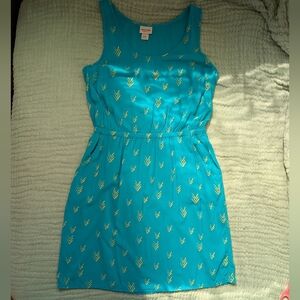 Teal Sundress with Yellow Accents, Pockets, and Cut-out Back - M
